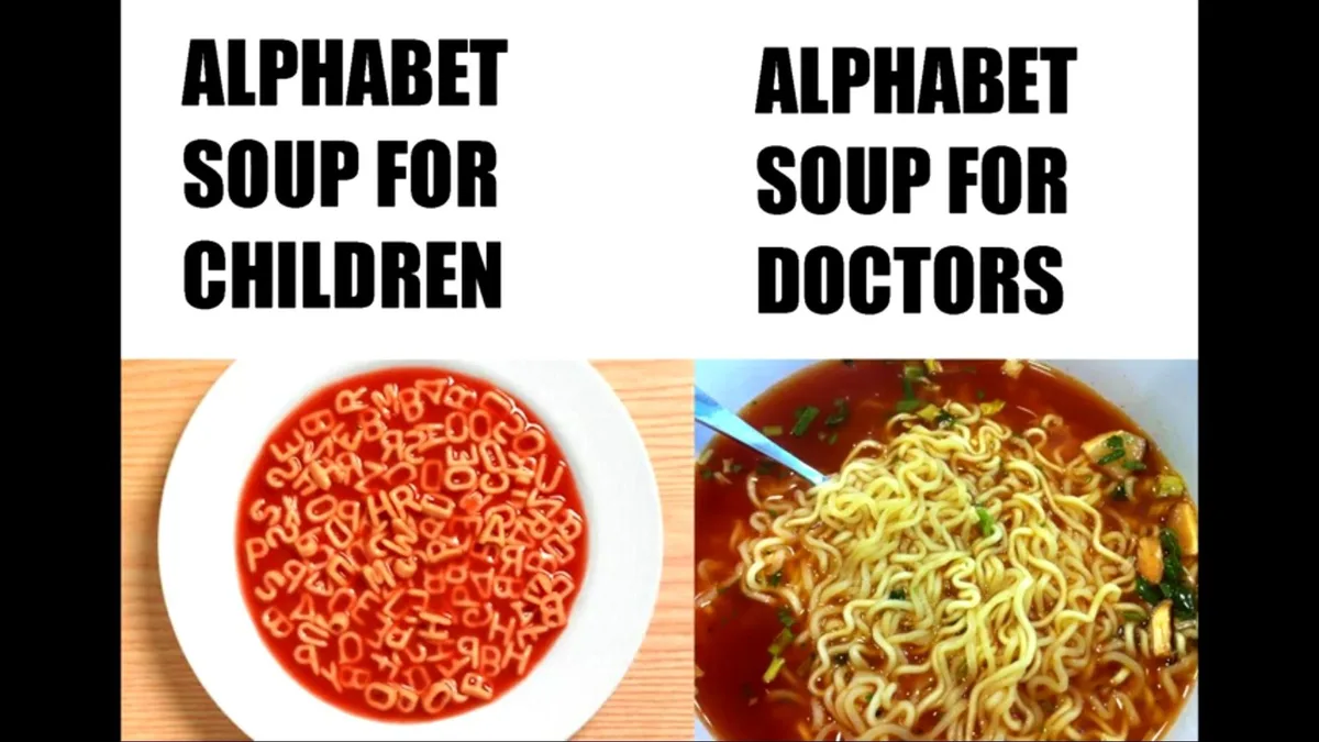 The image displays two side-by-side bowls of soup. The left bowl contains alphabet soup with colorful letter-shaped noodles…