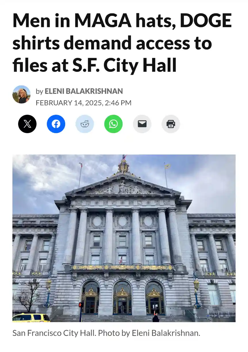 A news article screenshot shows a photo of San Francisco City Hall with the headline 'Men in MAGA hats, DOGE shirts demand…