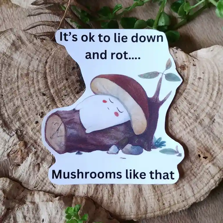 A sticker shows a cartoon mushroom with closed eyes and a peaceful expression, lying on its side atop a log. The text above…
