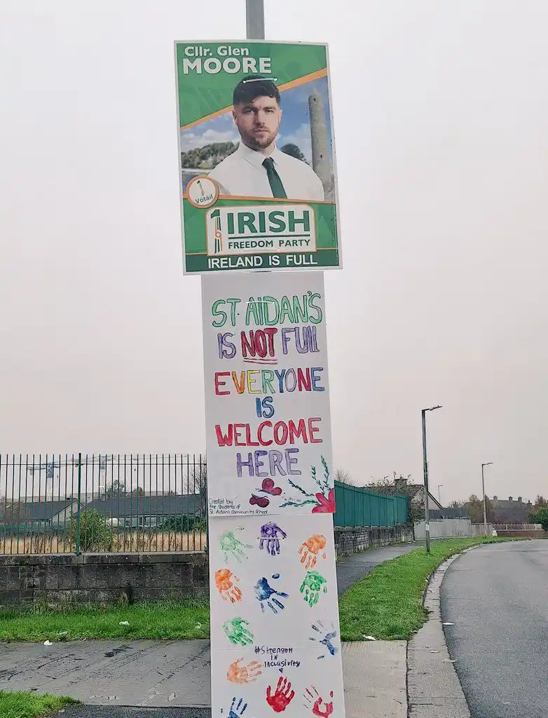 A political campaign poster for 'Clr. Glen Moore' of the Irish Freedom Party, which declares 'IRELAND IS FULL', is…
