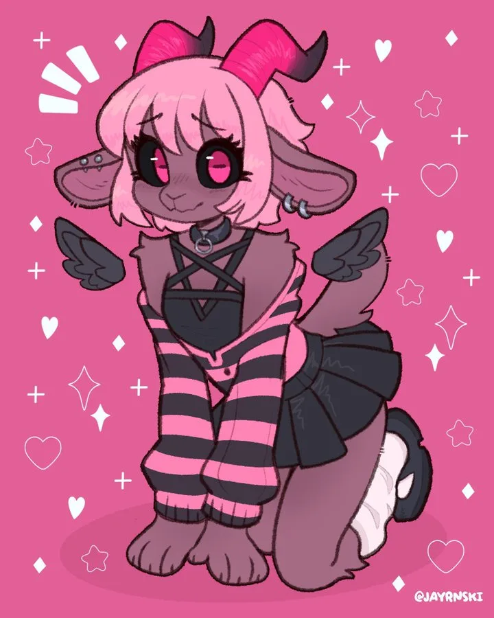 A pink-haired, dark-furred anthropomorphic animal with small horns, wings, and a choker kneels on a pink background filled…