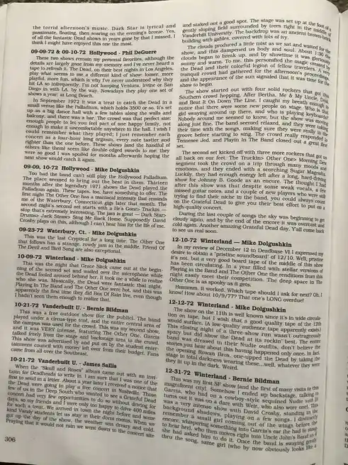 The image shows a close-up of a printed book page with multiple paragraphs of text about Grateful Dead concerts from 1972…