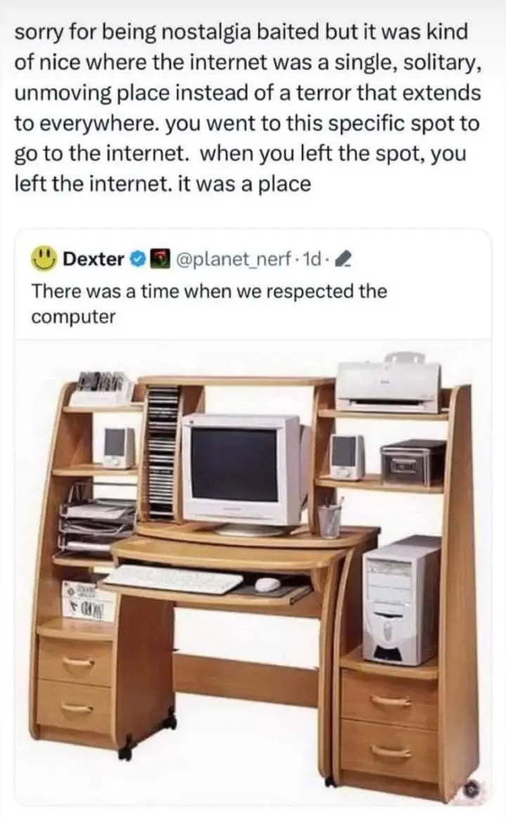 An image of a wooden computer desk with a CRT monitor, keyboard, mouse, printer, and tower, overlaid with text that reads…