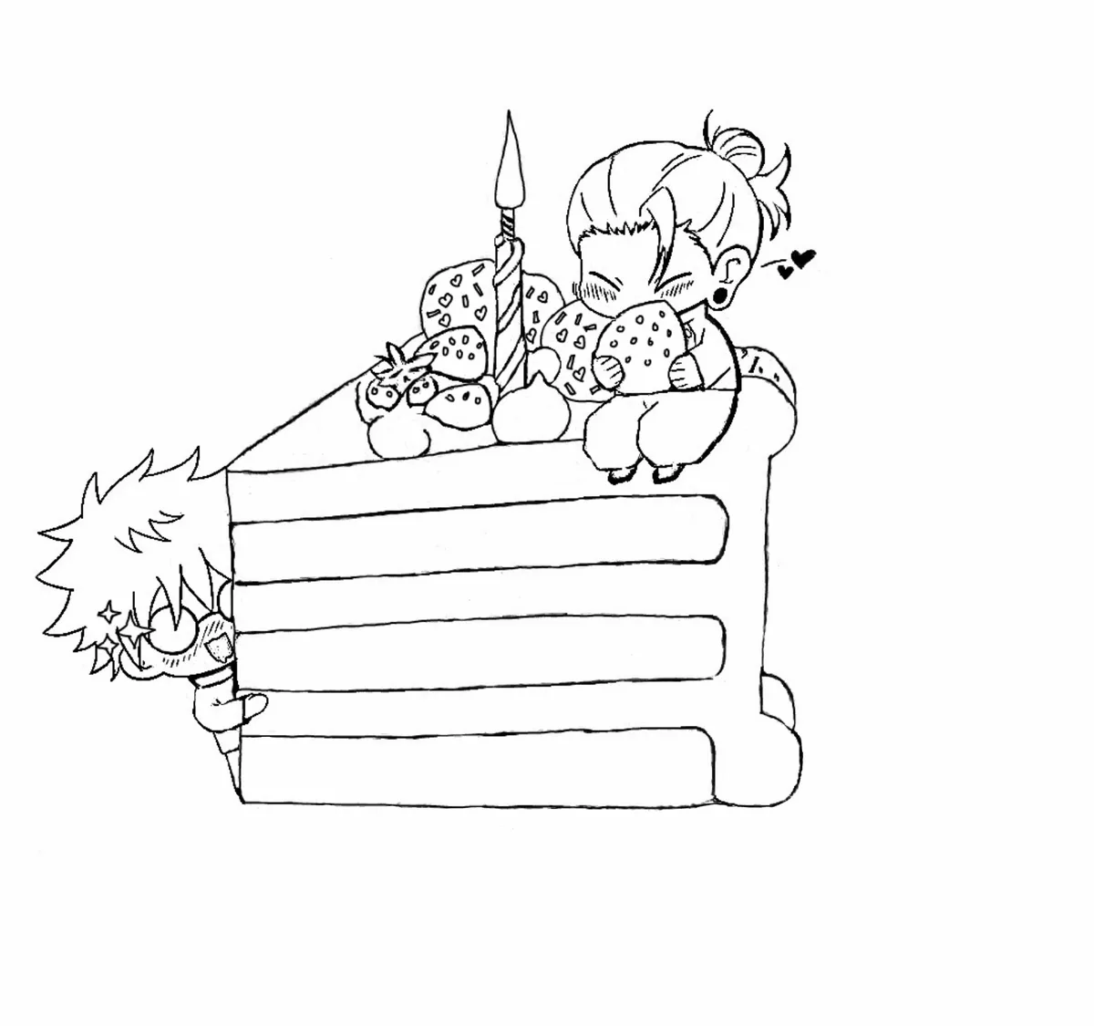 A black-and-white line drawing shows a chibi-style character with spiky hair peeking from behind a giant slice of cake…