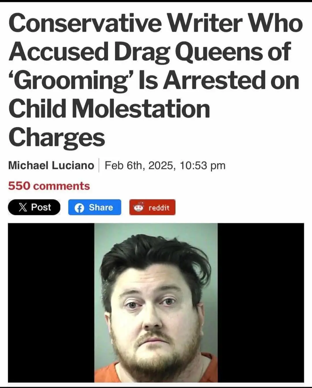 The image displays a mock news article header with the headline 'Conservative Writer Who Accused Drag Queens of 'Grooming'…