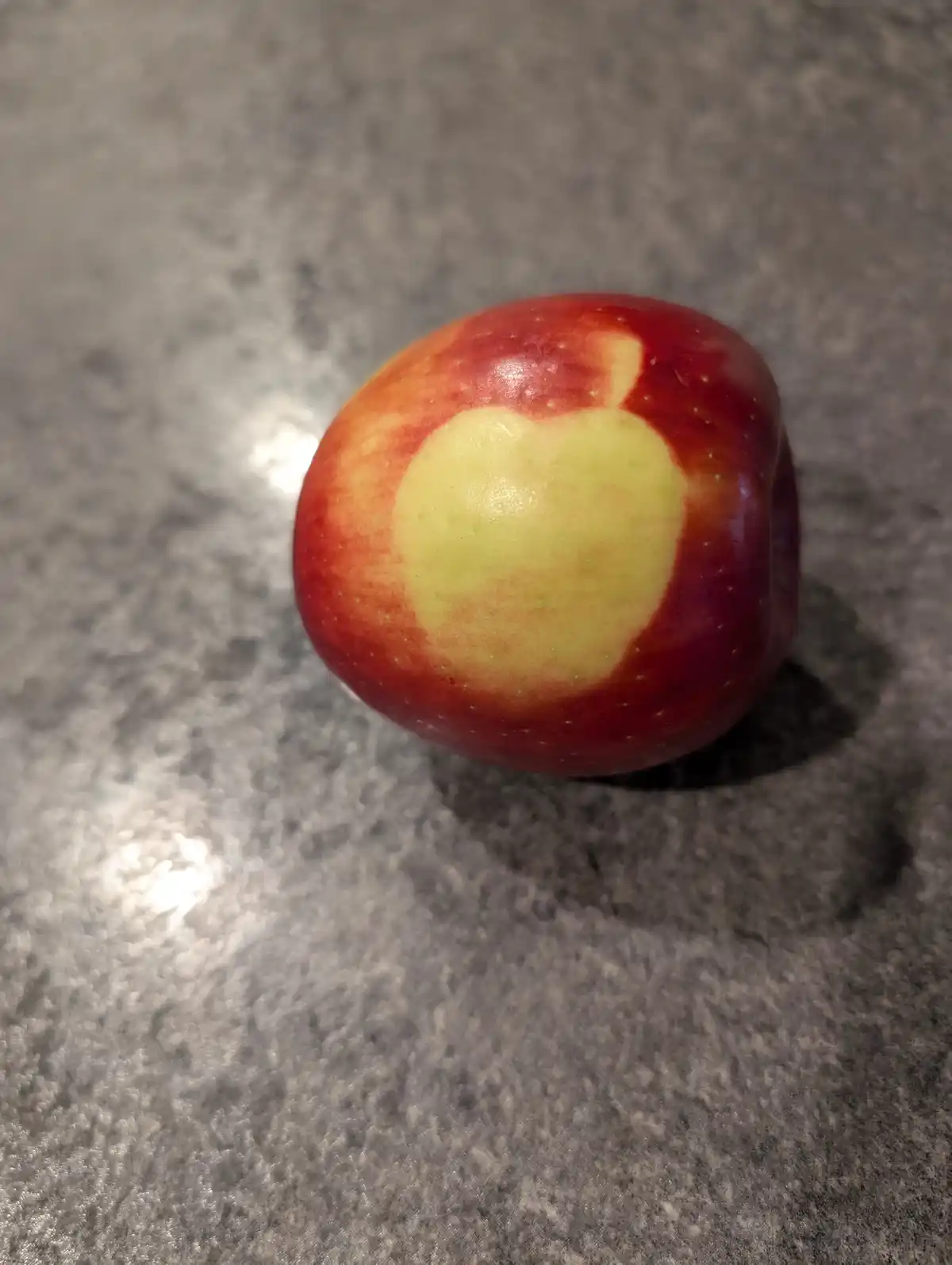 A close-up photo shows a red apple resting on a gray speckled countertop, with a large, naturally occurring yellowish-green…