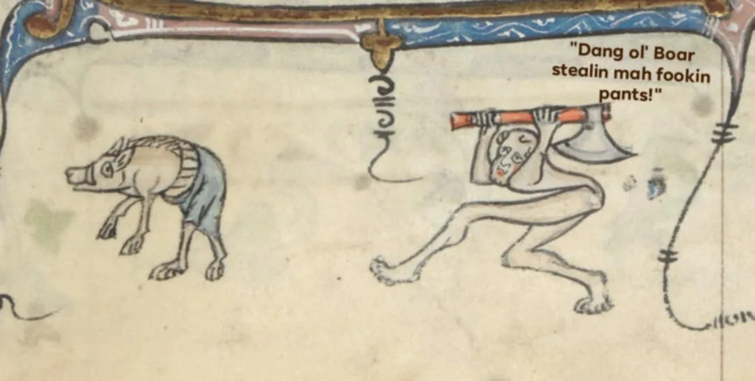 An old medieval manuscript illustration shows a boar wearing pants and a human-like figure carrying an axe over their…