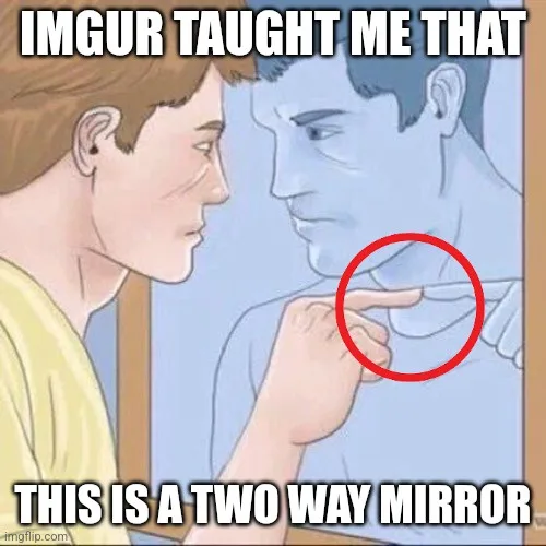 A cartoon-style image shows a person in a yellow shirt pointing at their reflection in a mirror. The reflection is colored…