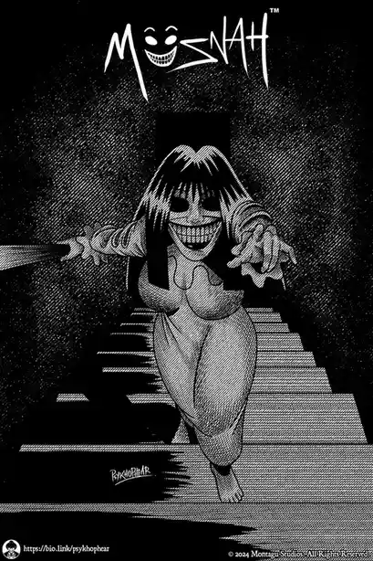 A black-and-white, heavily cross-hatched illustration depicts a grotesque, smiling humanoid figure with a wide grin, dark…