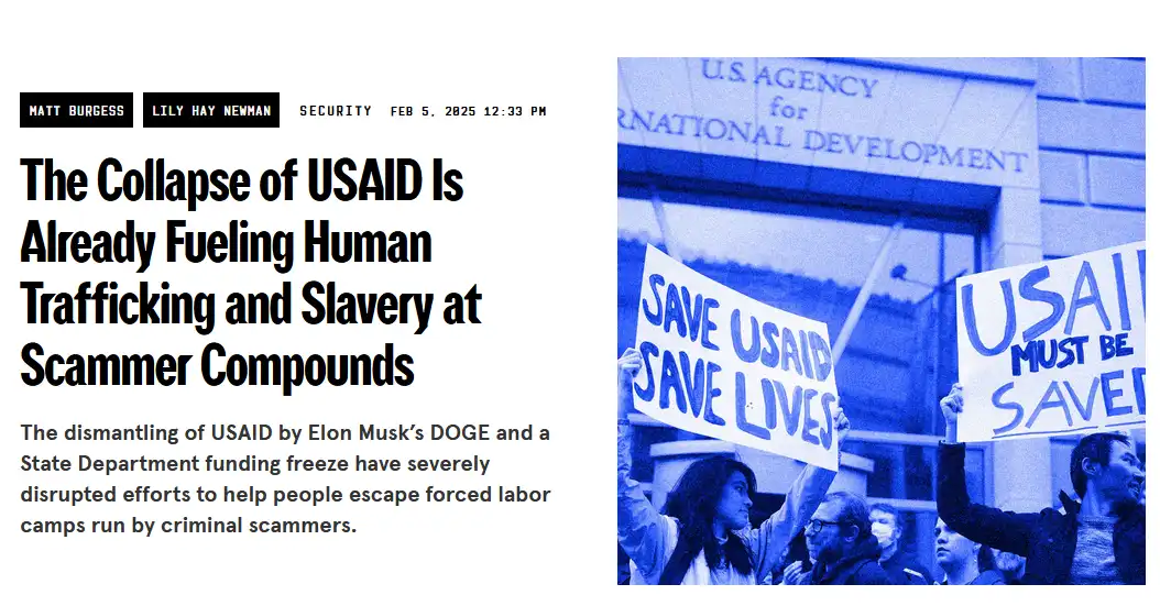 A satirical news article headline claims USAID collapse is fueling human trafficking, juxtaposed with protesters holding…