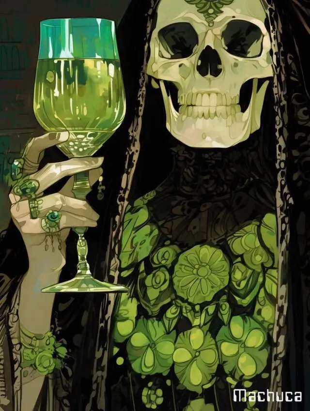 A stylized illustration of a skeletal figure with a skull face, wearing a dark robe adorned with green floral patterns…