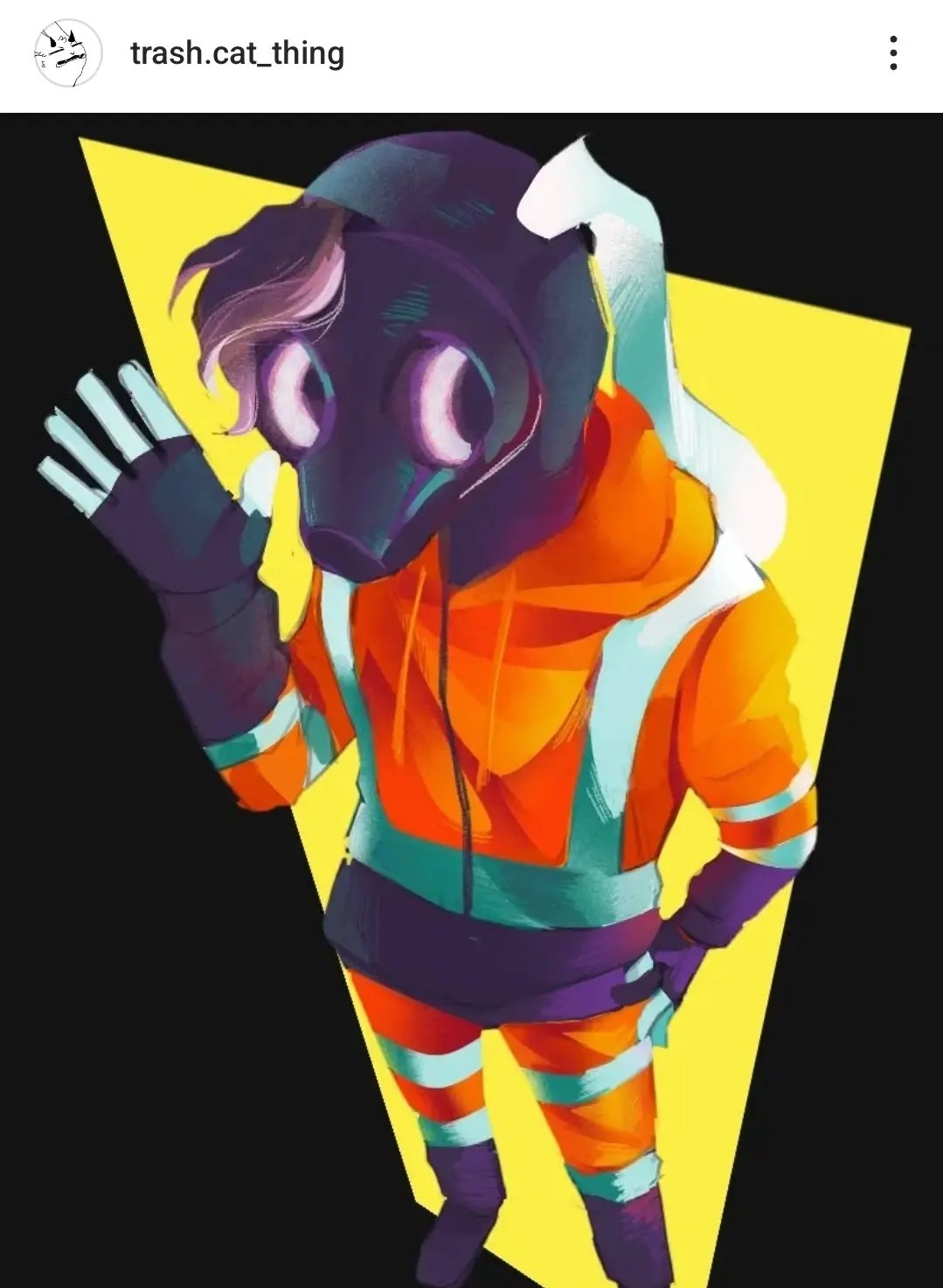 An anime-style character wearing a gas mask, an orange and teal high-visibility hoodie, and matching pants with reflective…
