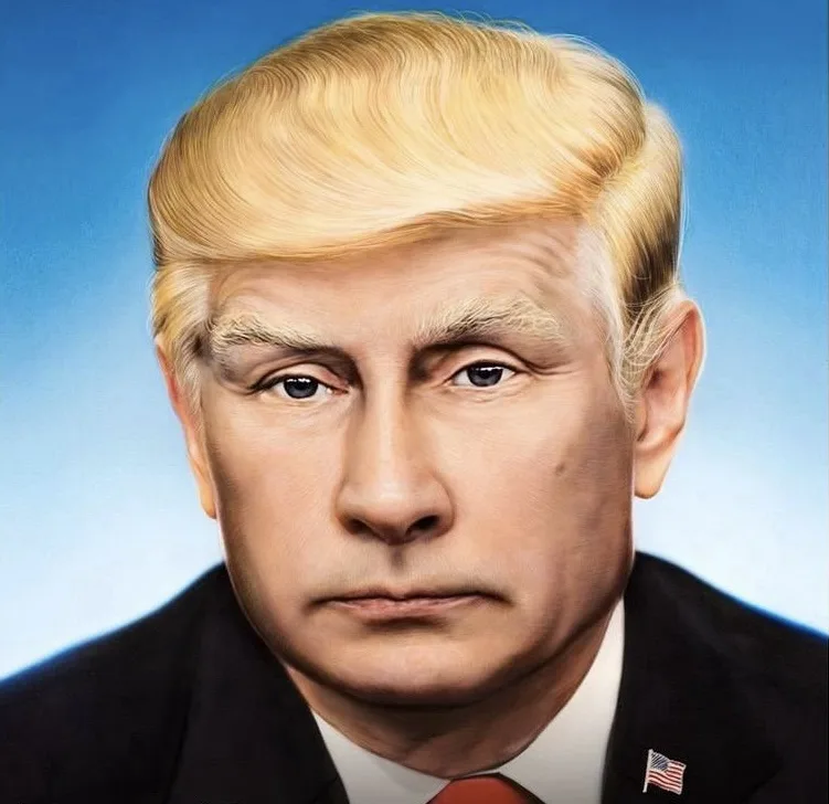 A digitally altered portrait shows Vladimir Putin with Donald Trump's signature blonde hair and comb-over hairstyle, wearing…