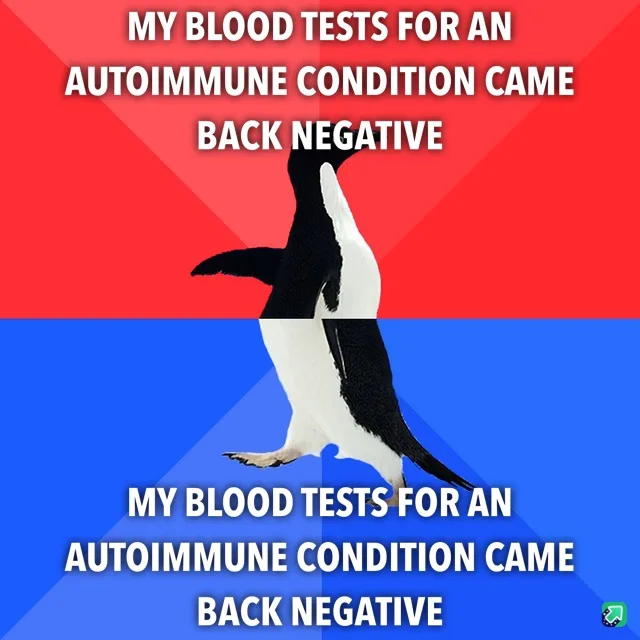 A penguin stands upright against a red and blue background, with identical white text overlaid on both halves of the image…