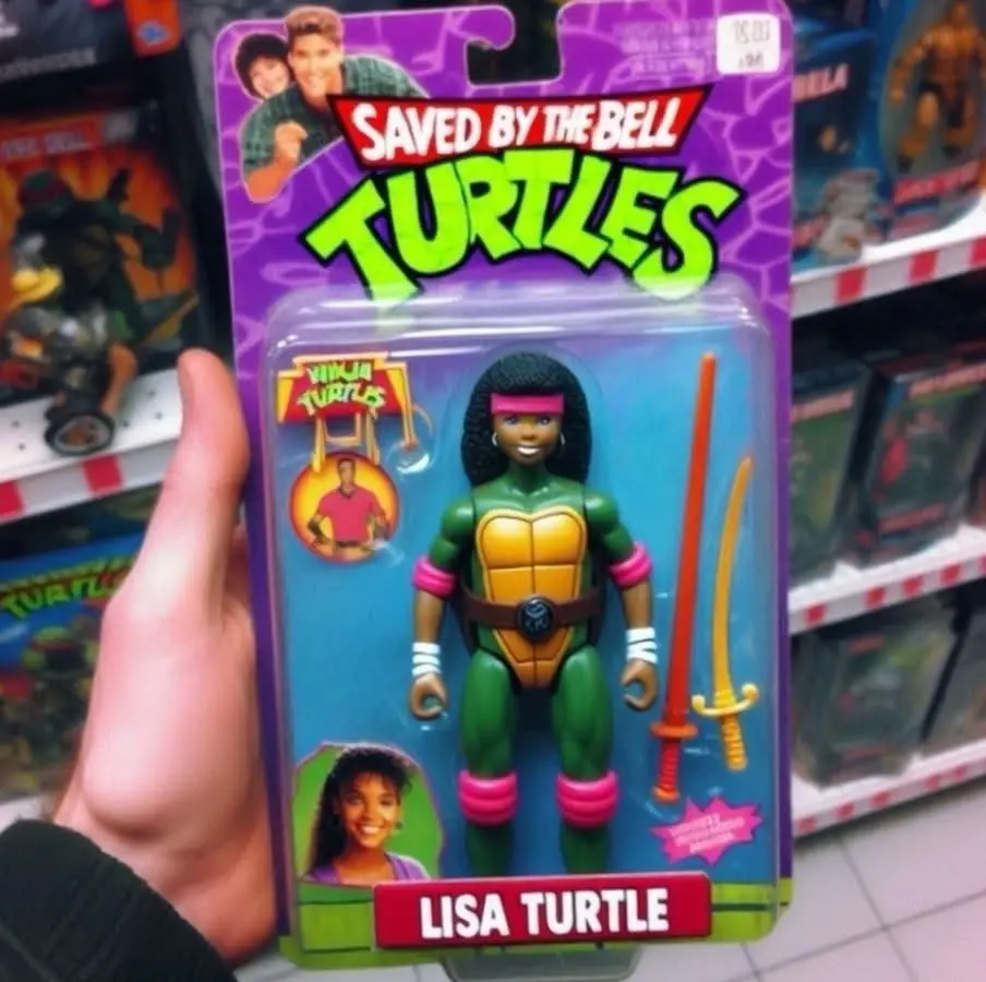 A hand holds a 'Saved by the Bell Turtles' toy package featuring a female action figure named Lisa Turtle, dressed in a…