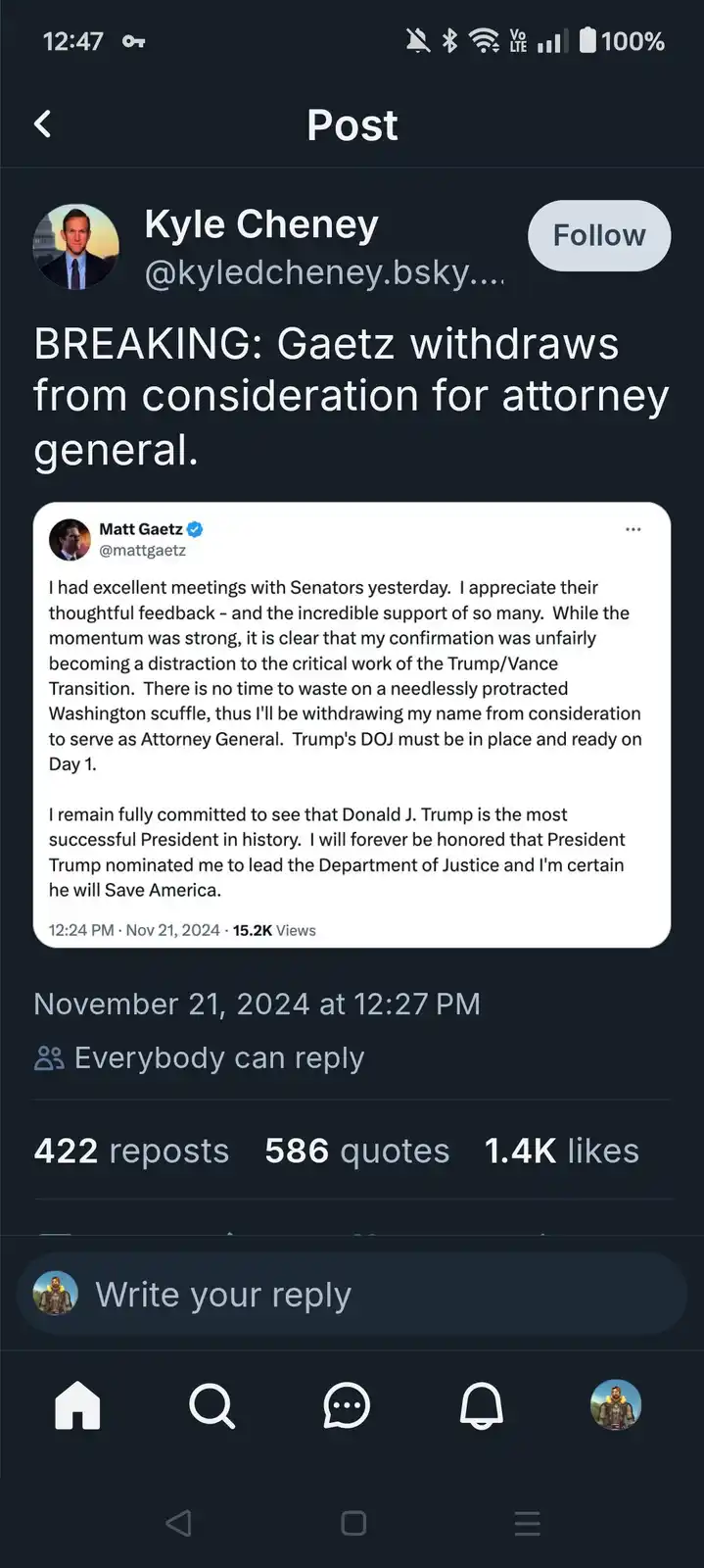A screenshot of a social media post by Kyle Cheney showing a tweet from Matt Gaetz announcing he is withdrawing his…