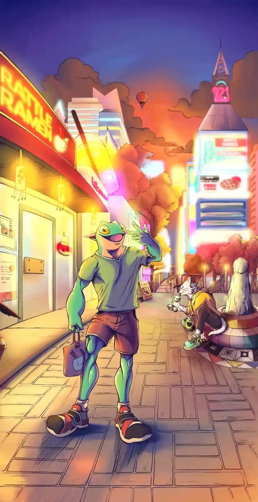 A green anthropomorphic frog wearing a grey t-shirt, brown shorts, and red-and-black sneakers stands on a city sidewalk at…