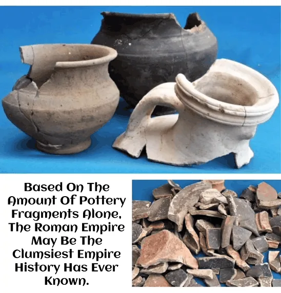 The image displays three large, broken ceramic pots against a blue background, with a smaller inset photo showing a pile of…