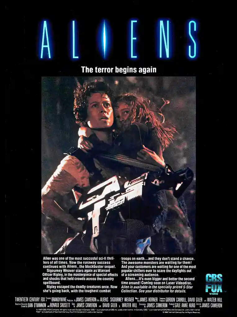 This is a vintage movie poster for the film 'Aliens', featuring a woman holding a large weapon while carrying a child in a…