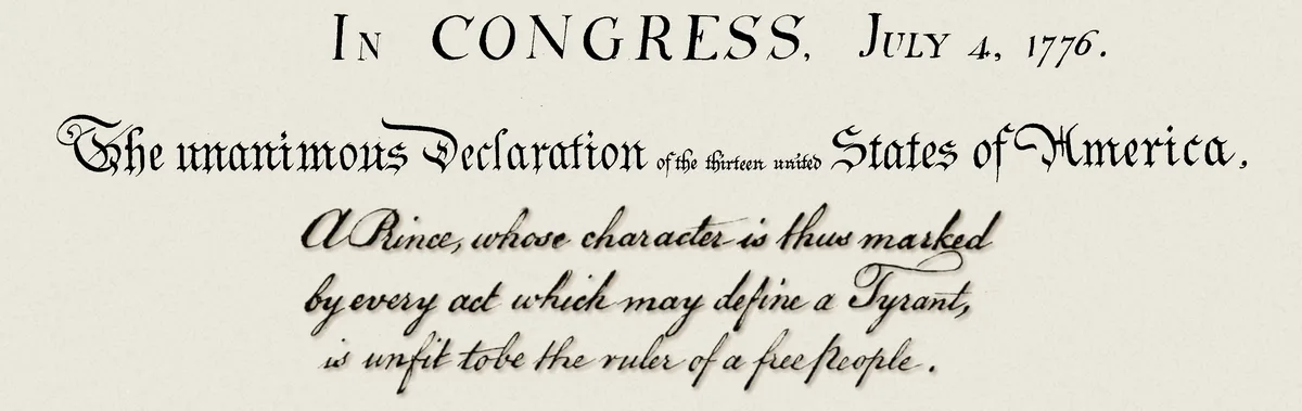 The image displays the opening text of the United States Declaration of Independence, dated July 4, 1776, in an…