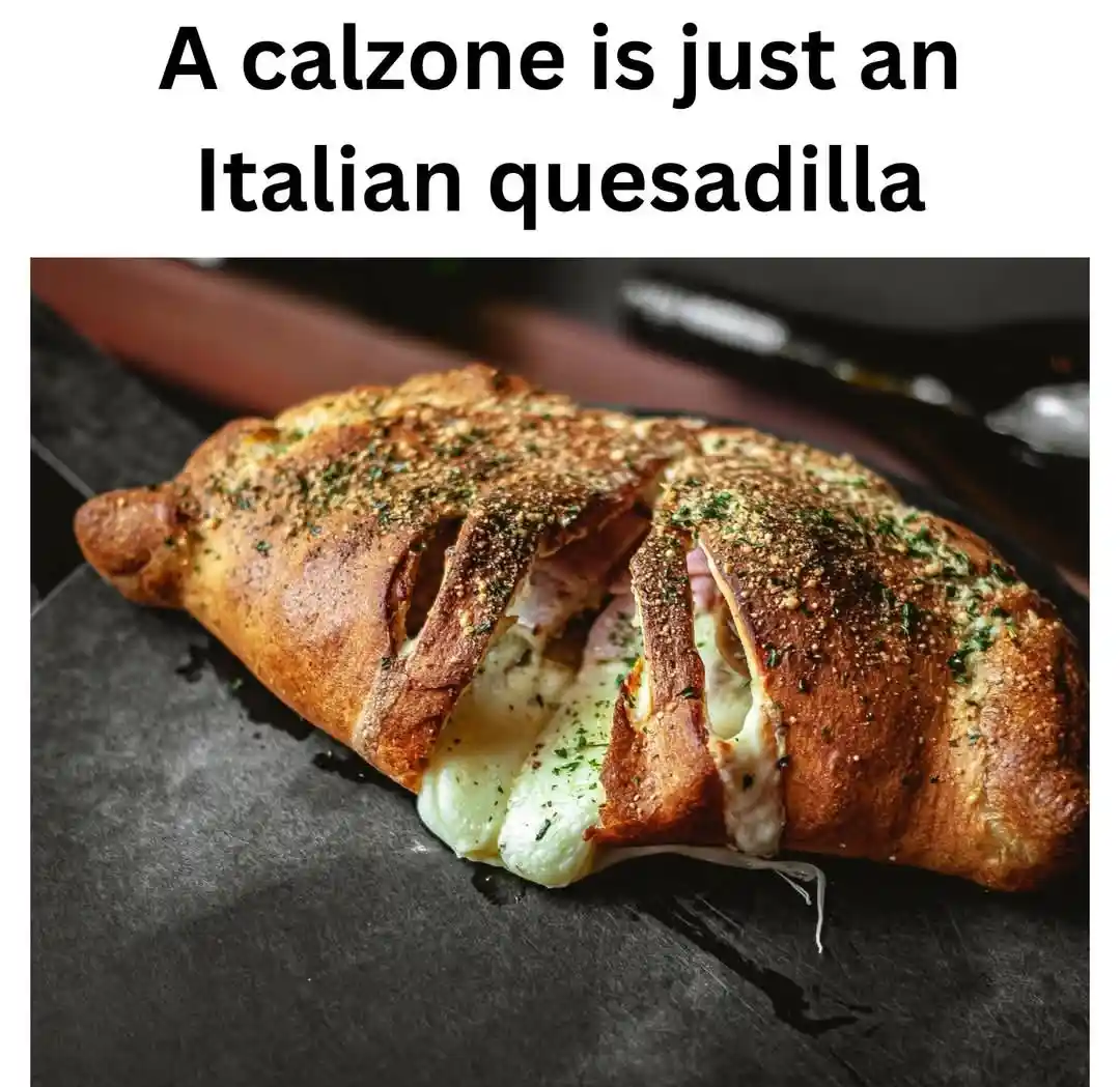 A golden-brown calzone, sliced open to reveal melted cheese and meat filling, sits on a dark stone surface. The overlaid…