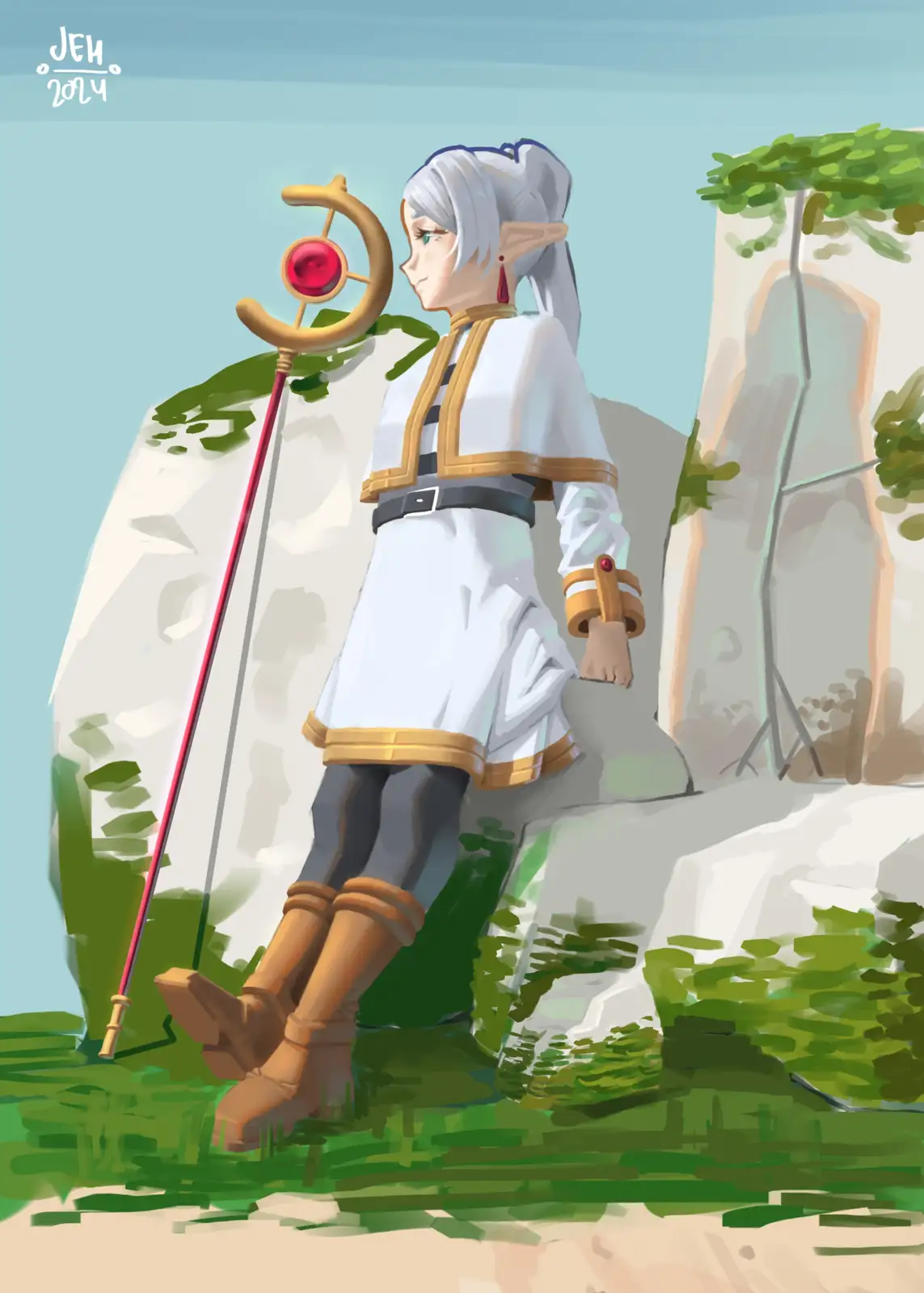 An elf-like character with white hair and pointed ears stands in a rocky, grassy outdoor setting, holding a staff with a red…