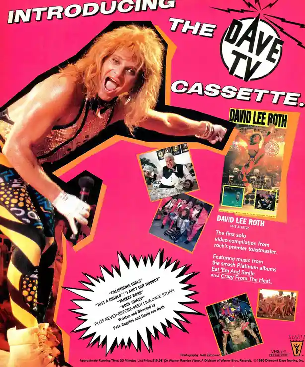 A vibrant, pink 1980s VHS cassette advertisement for David Lee Roth's 'Dave TV' video compilation. The main image features…