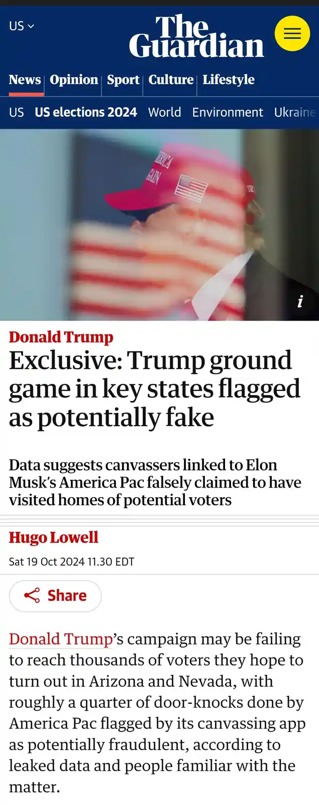 A screenshot of a The Guardian news article about Donald Trump's campaign, featuring a blurred image of Trump wearing a red…