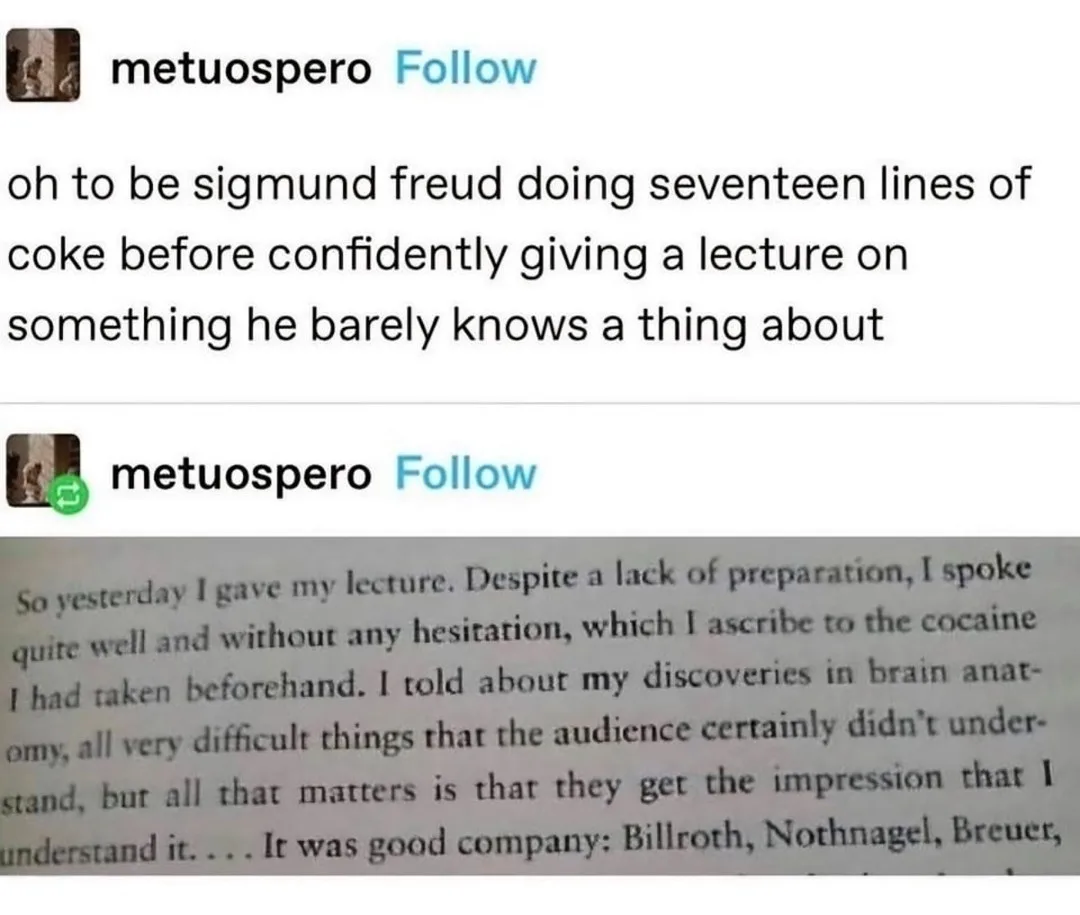 The image shows a screenshot of a social media post by 'metuospero' with overlaid text that reads: 'oh to be sigmund freud…