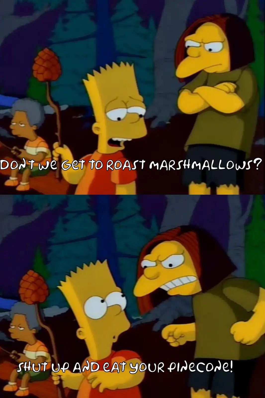 The image is a two-panel meme from The Simpsons. In the top panel, Bart Simpson asks, 'DON'T WE GET TO ROAST MARSHMALLOWS?'…