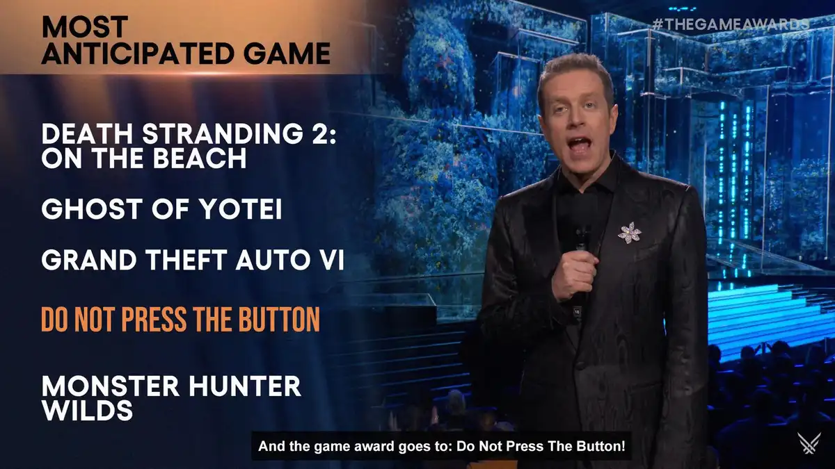 A man in a black suit holding a microphone stands on a stage with a blue-lit background. Text on the left lists game titles…