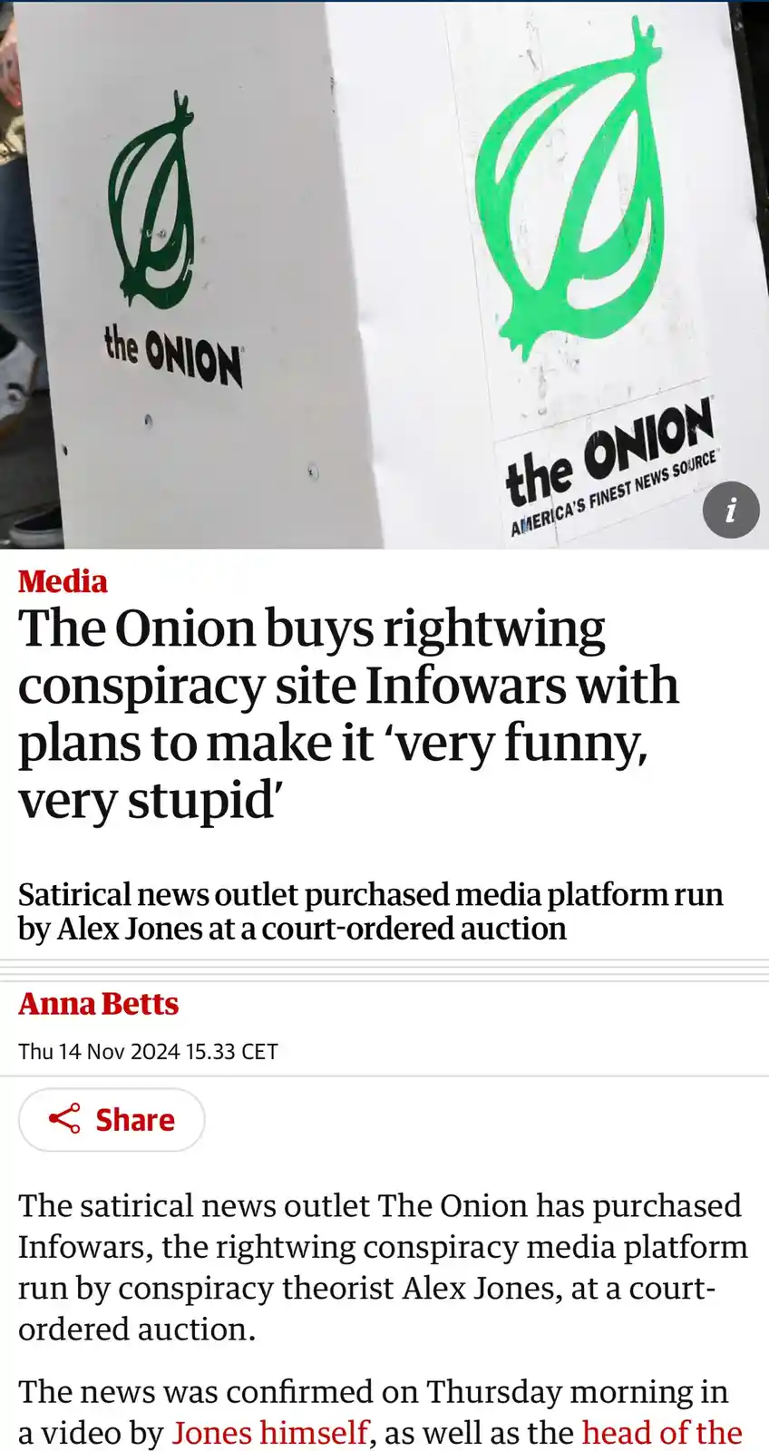 The image displays a mock news article from 'The Onion' satirical outlet, featuring its green onion logo on white signs in…