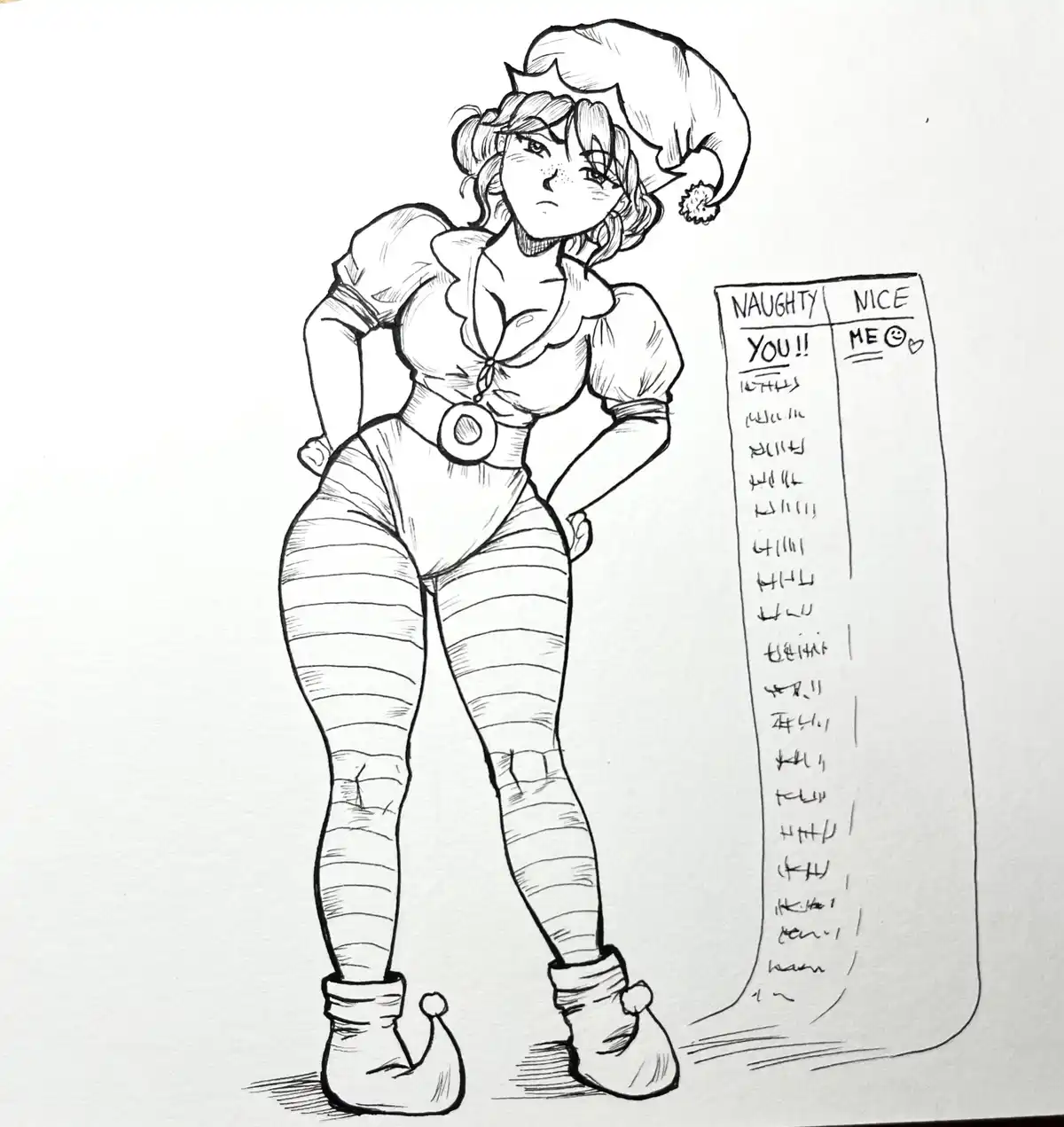 A black-and-white line drawing shows a female elf in a Santa hat and striped leggings standing with hands on hips next to a…