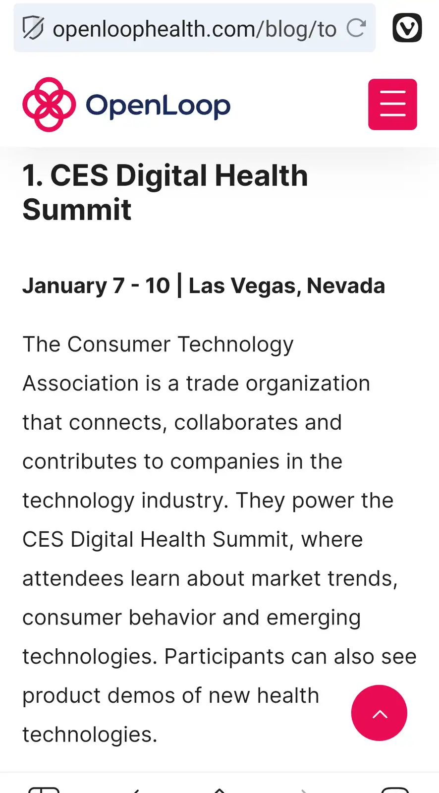 A screenshot of a webpage from OpenLoop detailing the CES Digital Health Summit, scheduled for January 7-10 in Las Vegas…