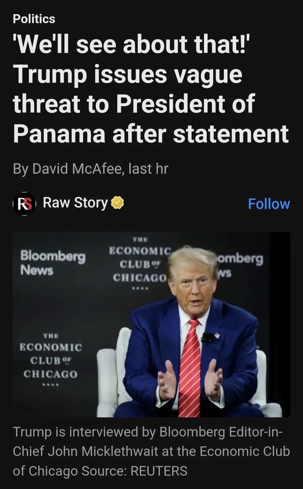 A screenshot of a news article from Raw Story shows Donald Trump seated in a white chair at The Economic Club of Chicago…