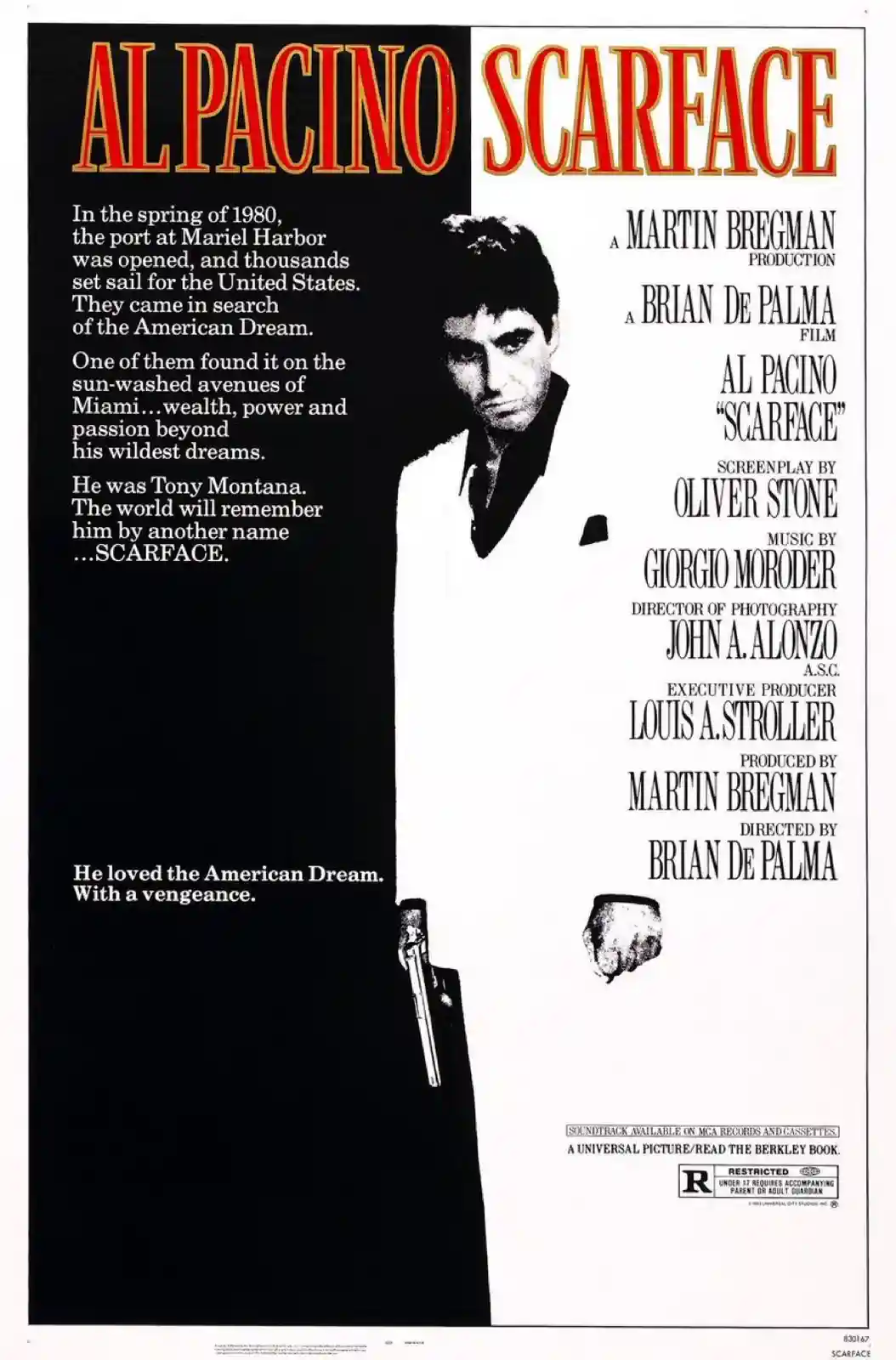 This is a black-and-white movie poster for 'Scarface' starring Al Pacino. The poster features a central image of Al Pacino…