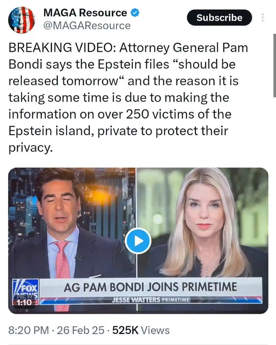 A screenshot of a Twitter post from 'MAGA Resource' shows a Fox News video thumbnail featuring Attorney General Pam Bondi…