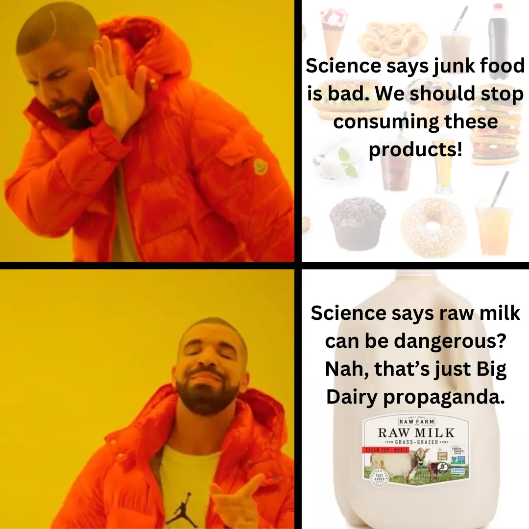 The image is a two-panel meme featuring Drake in an orange puffer jacket. In the top panel, he covers his ears with a…