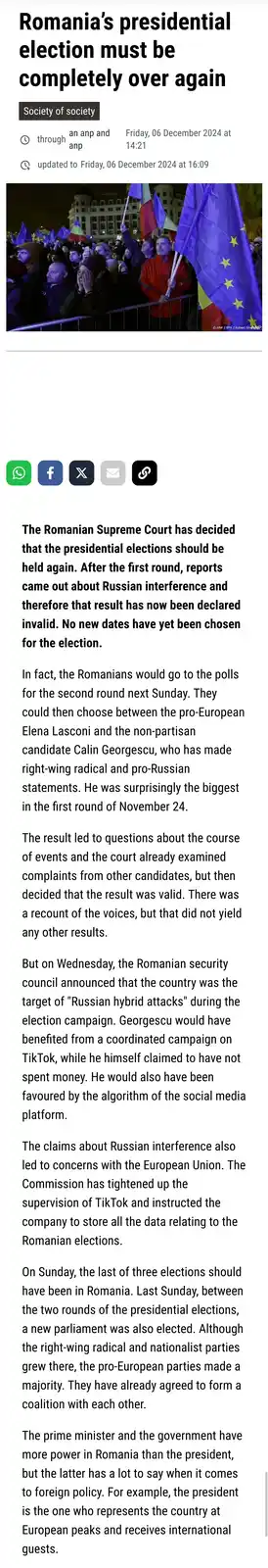 A screenshot of a news article with a headline reading 'Romania's presidential election must be completely over again' above…