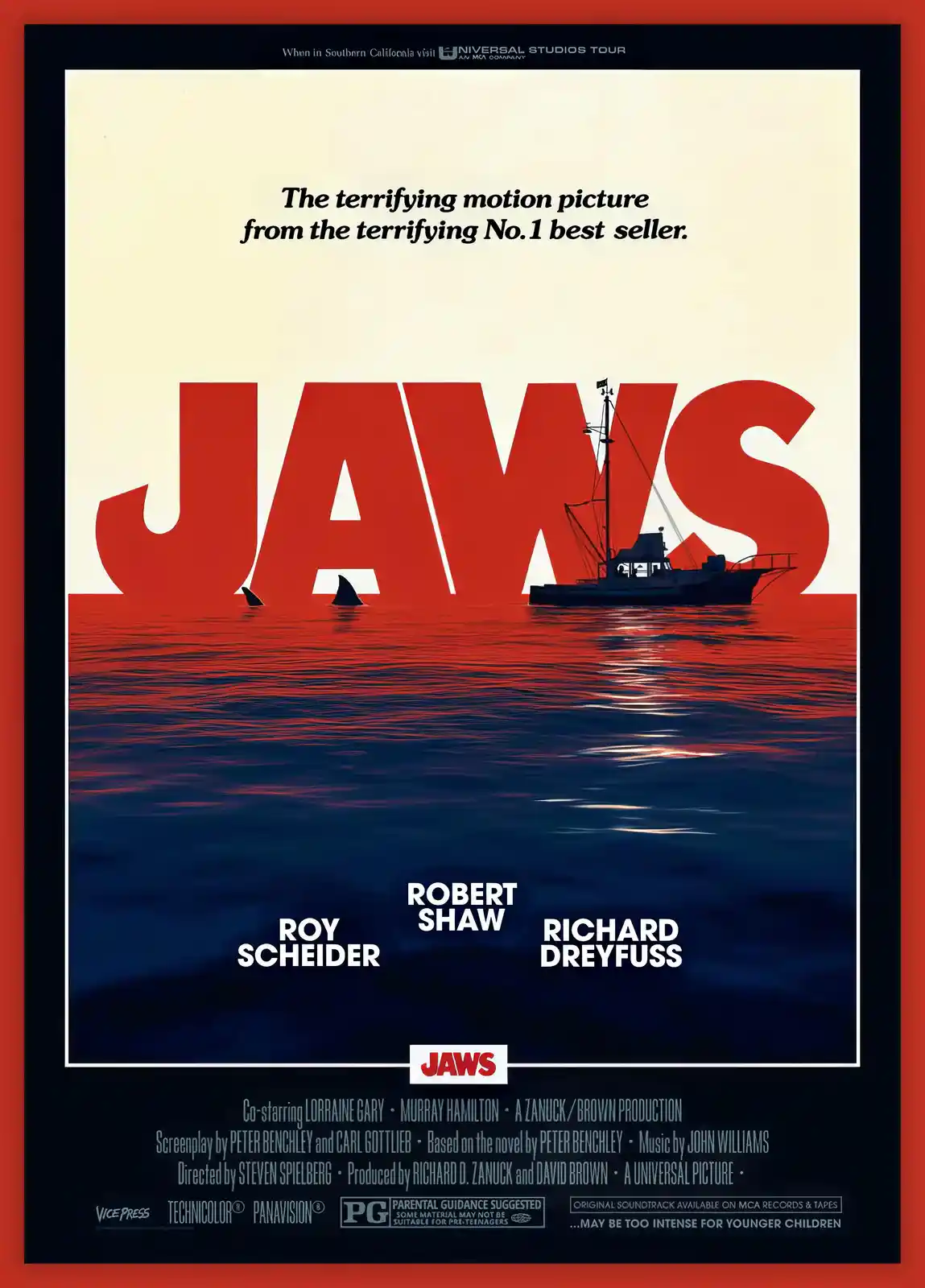 This is a classic movie poster for the 1975 film 'Jaws,' featuring a large red title with a boat and shark fins visible…