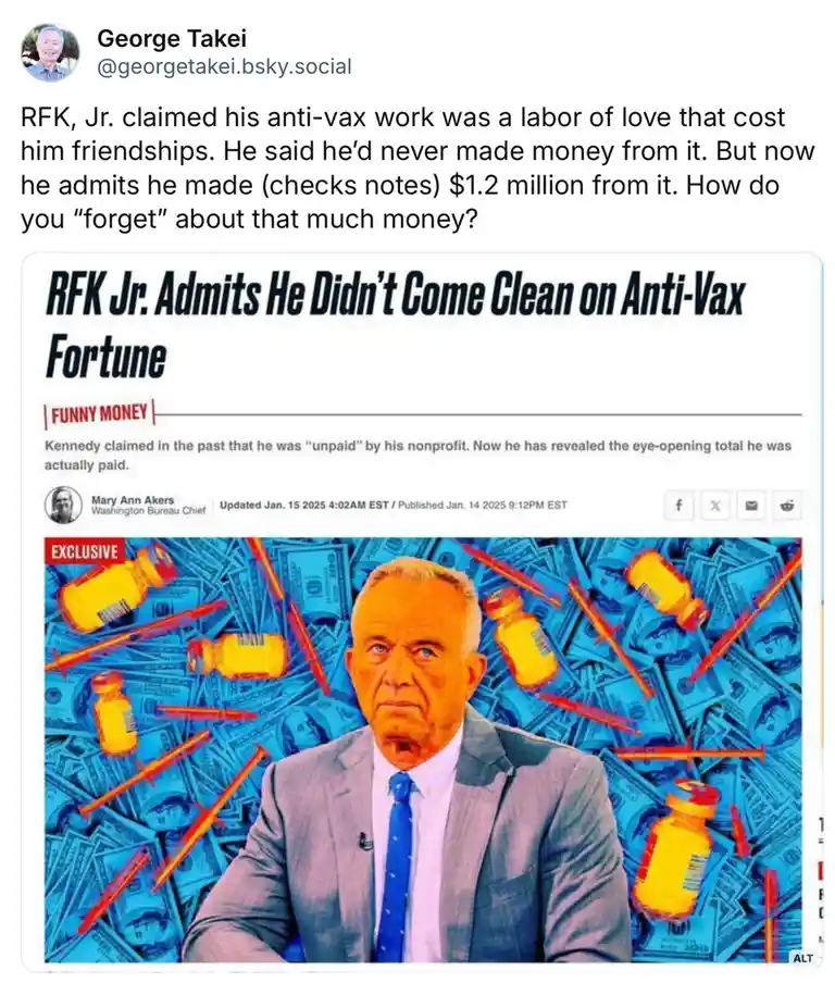 A screenshot of a Fortune magazine article with a photo of RFK Jr. surrounded by money, syringes, and vaccine bottles. The…