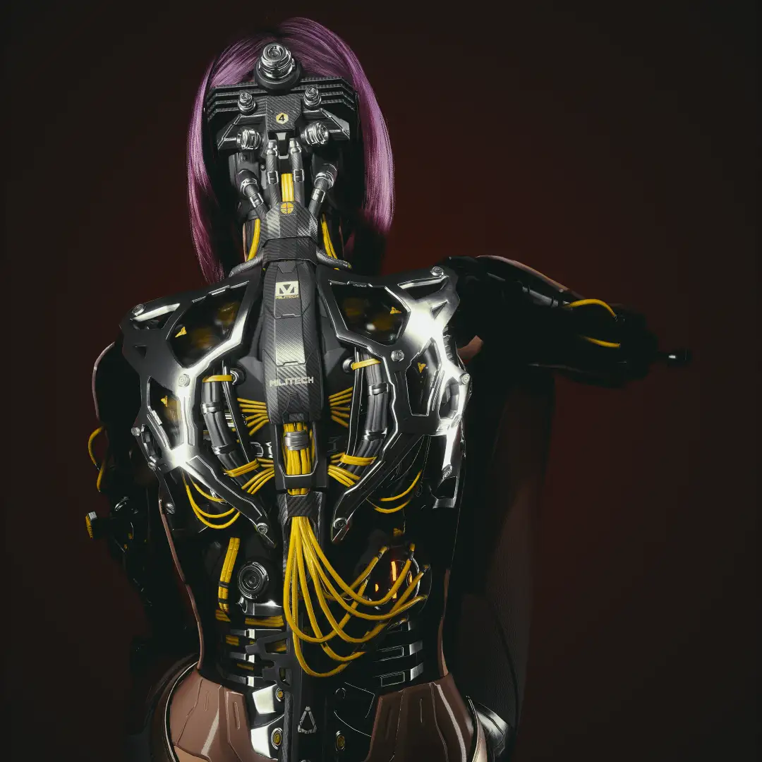 A person with purple hair is shown from behind, wearing a heavily modified, exposed mechanical body suit with yellow wires…