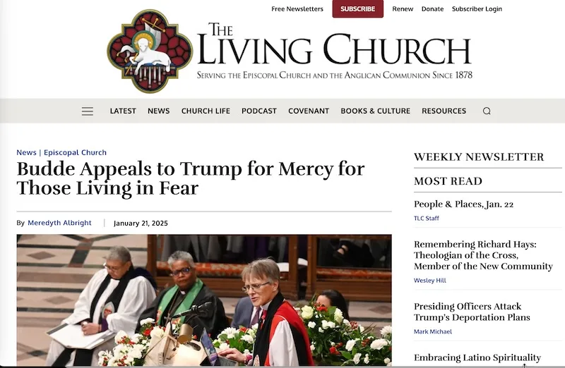A screenshot of a news article from 'The Living Church' website, dated January 21, 2025, featuring a photo of three clergy…