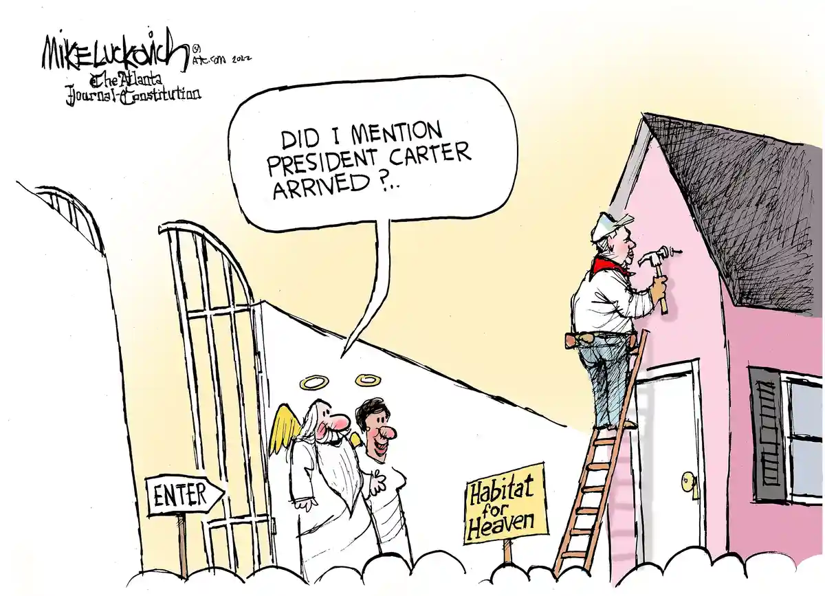 A cartoon depicts two angels standing at a gate labeled 'ENTER' near a pink house with a sign reading 'Habitat for Heaven.'…