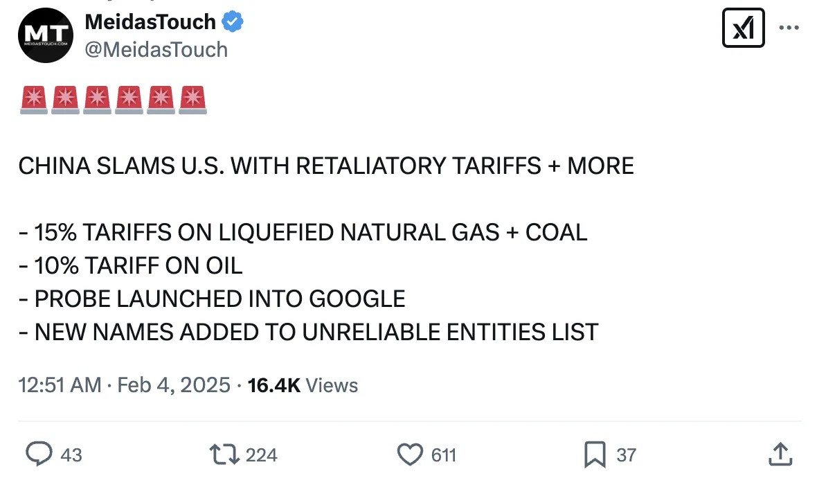 A screenshot of a social media post from 'MeidasTouch' detailing China's retaliatory measures against the U.S., including…