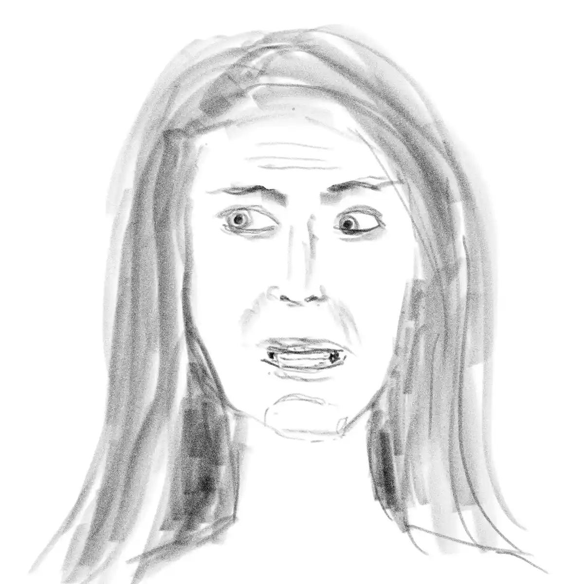 A black-and-white sketch depicts a person with long hair, wide eyes, and an open mouth, conveying a look of shock or…
