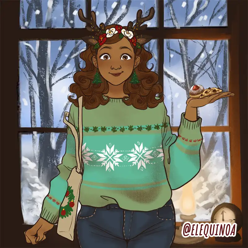 A cartoon woman with brown curly hair wears reindeer antlers and a festive green sweater with snowflake patterns, holding a…