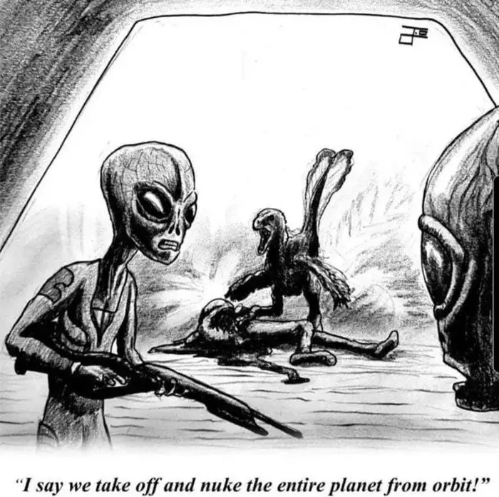 A black-and-white cartoon depicts an alien holding a rifle, looking distressed as it watches another alien violently attack…