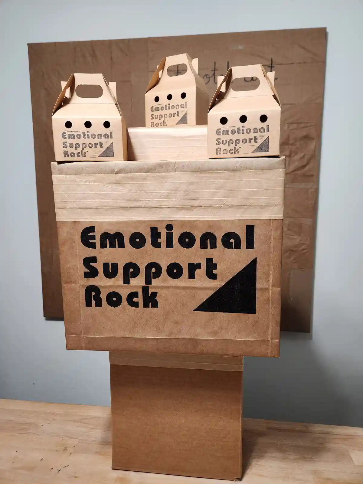 A cardboard box tower with a large front panel labeled 'Emotional Support Rock' and a black triangle logo, topped with three…