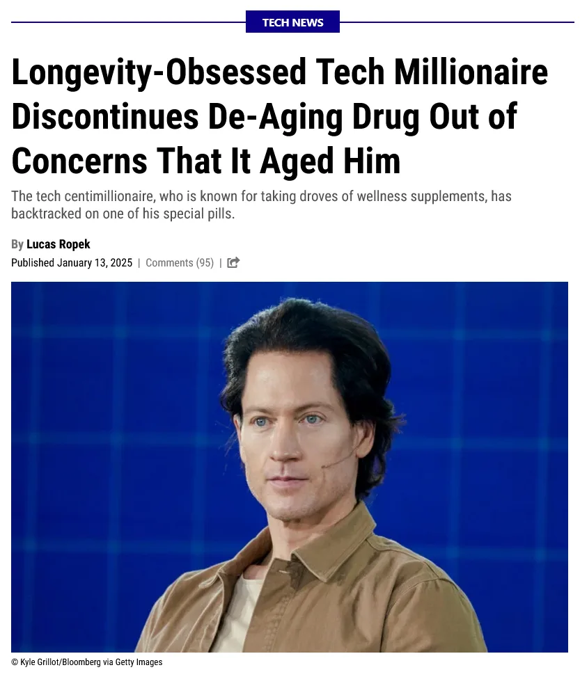 A screenshot of a fake tech news article features a photo of a man with dark hair and blue eyes wearing a brown shirt…